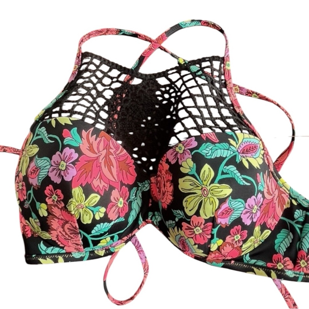 SHADE & SHORE Black Floral Halter Bikini Top w/ Pink/Teal Accents Size 36C - NWT - Picture 2 of 8